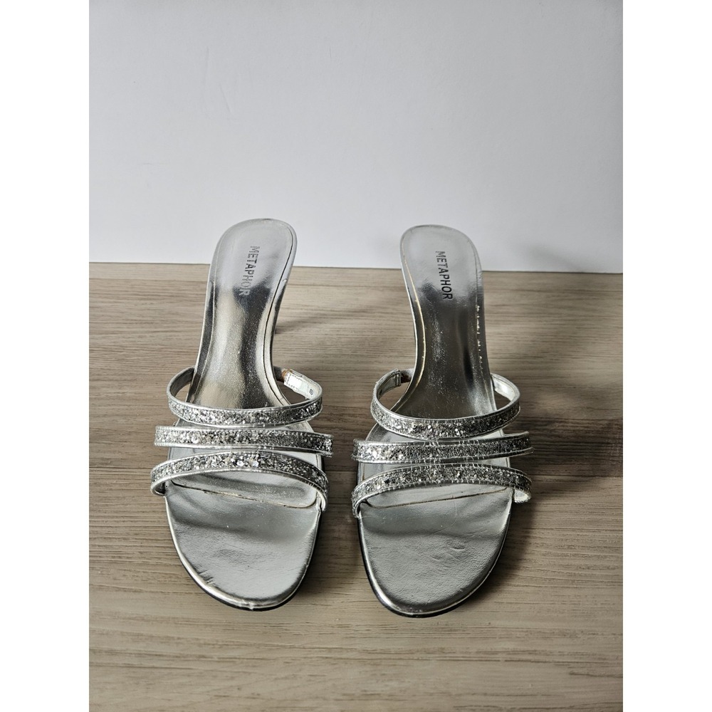 Metaphor Silver Glitter Strappy Kitten Heels Sandals Mules Wedding Prom Size 8